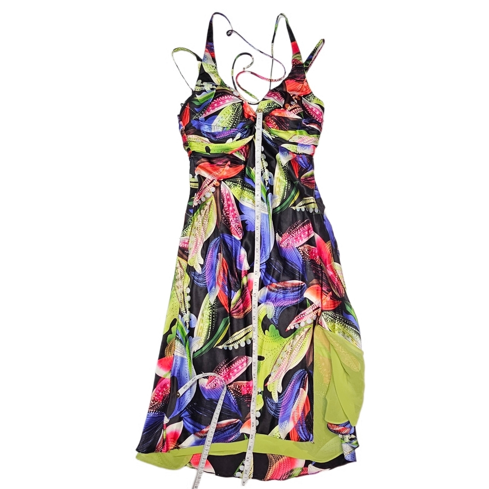 Y2K Cache Vintage 100% Silk Party Bright Colorful Floral Halter Midi Dress - Picture 10 of 15